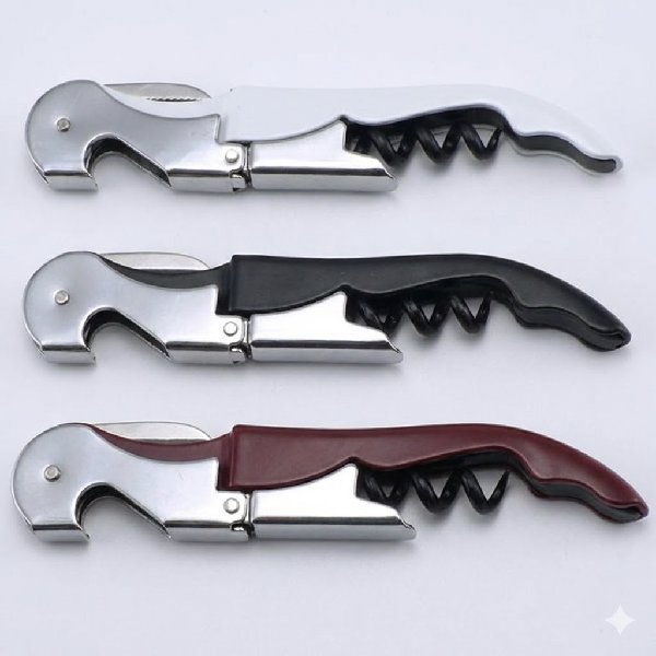 פותחן יין מקצועי ממתכת בצבע עם מנגנון דו-שלבי וסכין חיתוך מובנית.